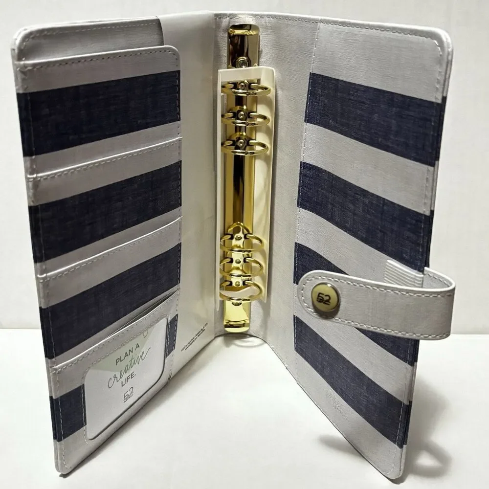Paper Studio Agenda 52 Binder 6 Ring Planner Blue White Stripe 7.5” X 9.5” New